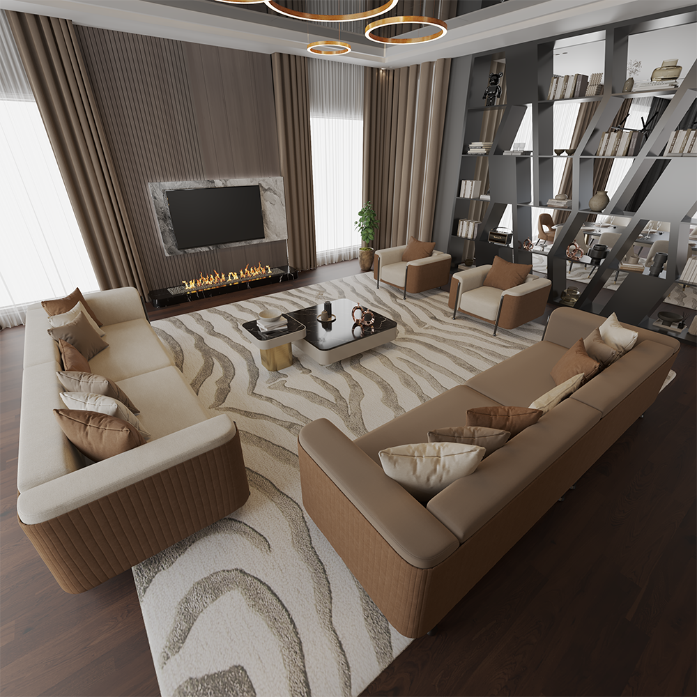 Luxurious living room with brown and beige sofas around a low coffee table, a fireplace with a mounted TV, and a large geometric bookcase divider.