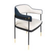 Modern navy and white armchair with black metal frame and gold tipped legs