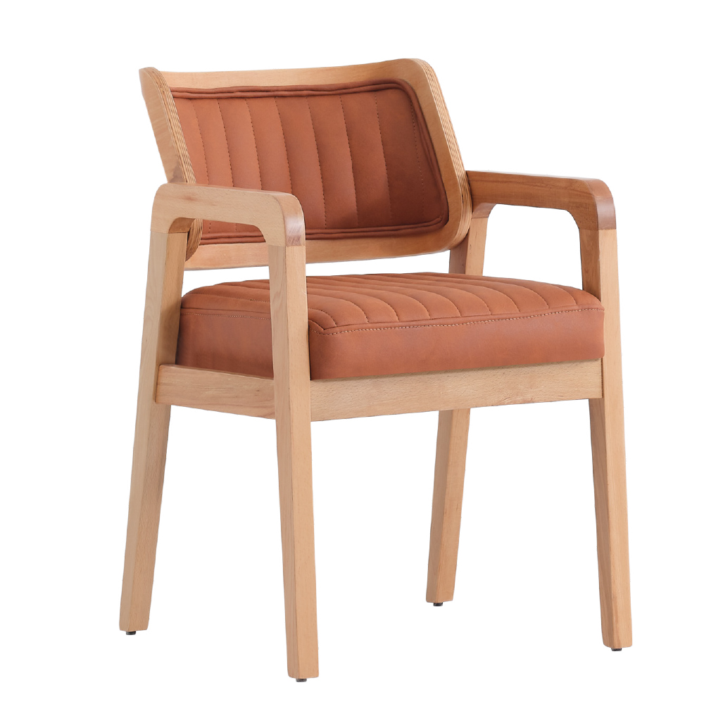 Wooden armchair with a light oak frame and orange brown leather cushions on seat and backrest
