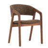 Wooden armchair with curved back and speckled brown upholstery four tapered legs designed for dining or seating