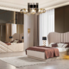 Luxurious modern bedroom with a tall tufted headboard mirrored wardrobe and two matching nightstands with black lamps