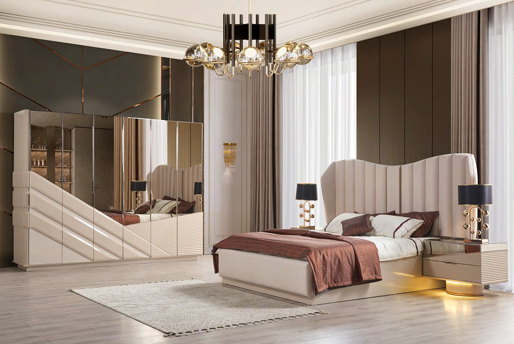 Luxurious modern bedroom with a tall tufted headboard, mirrored wardrobe, and two matching nightstands with black lamps.