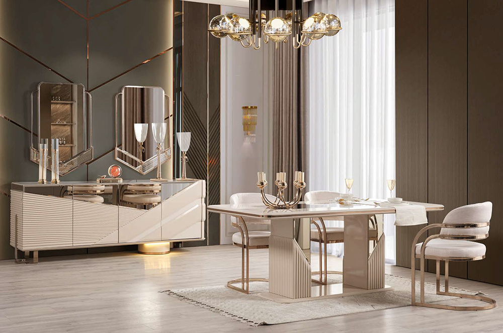 Luxurious modern dining room with a glass-topped table, white upholstered chairs, and a mirrored sideboard under a chandelier.
