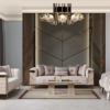 Luxurious beige living room with central sofa cream chairs geometric wood wall and a chandelier