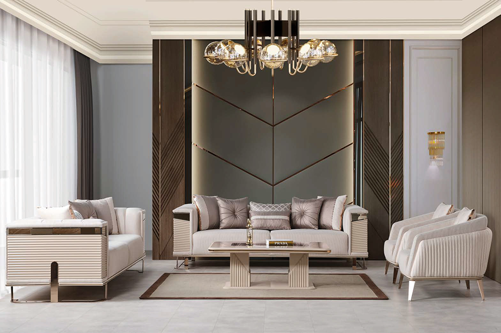 Deluxe Living Room 1 Armonna Luxurious beige living room with central sofa cream chairs geometric wood wall and a chandelier