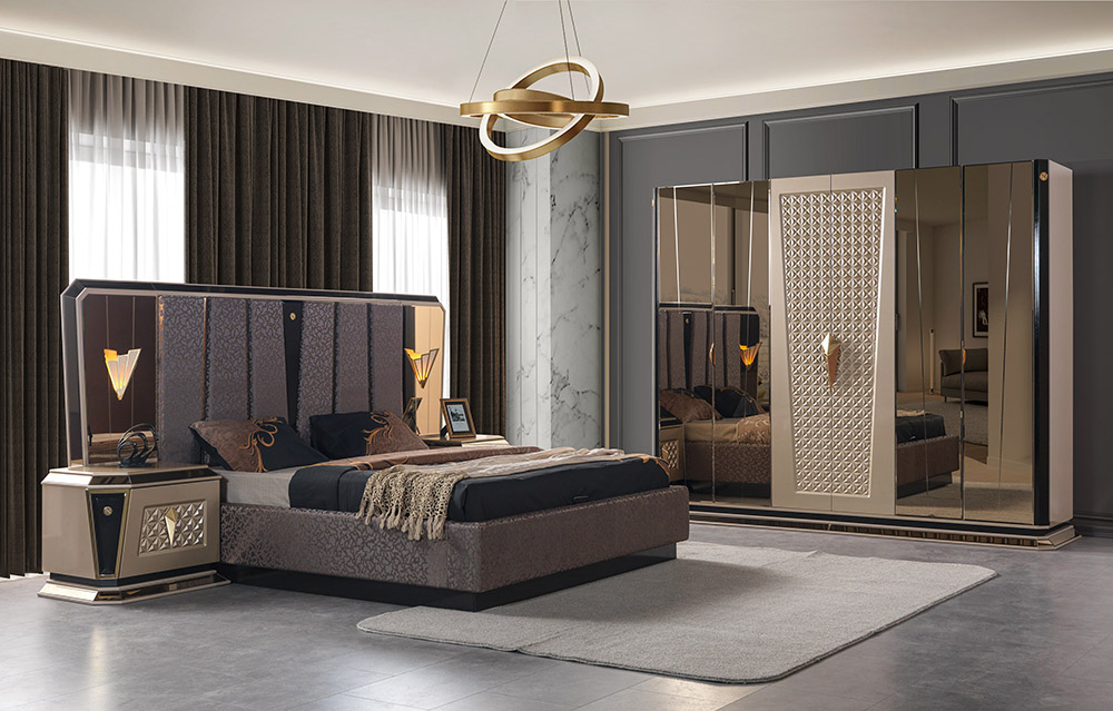 Luxurious bedroom with a king-size bed, upholstered headboard, and matching nightstands in a dark, opulent color scheme.