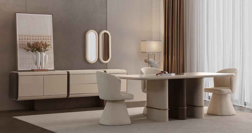 Modern beige and brown dining area with an oval table, cream chairs, and a matching sideboard in a stylish living room setting.