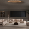 Modern beige living room with curved sofas a low coffee table and a large wall mounted TV plus a shelving unit and tall floor lamp
