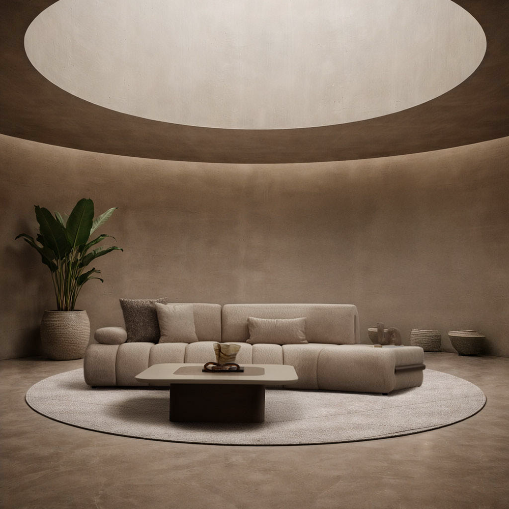 Minimalist living room with a beige sectional on a circular rug, a low square coffee table, and a large oval skylight overhead.