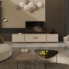 Elegant Corner Set Custom Production 4 Armonna Modern living room with a wall mounted geometric sculpture a beige media console and a flat screen TV centered on the unit