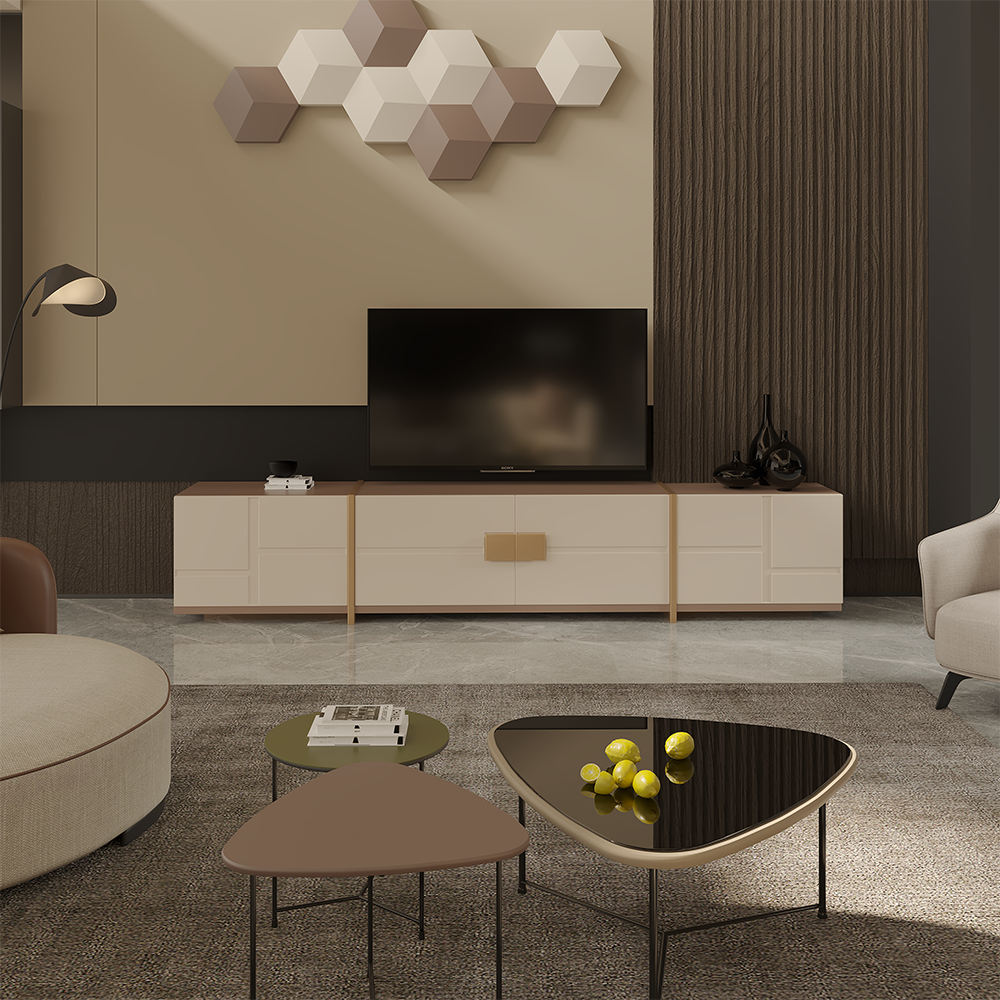 Modern living room with a wall-mounted geometric sculpture, a beige media console, and a flat-screen TV centered on the unit.