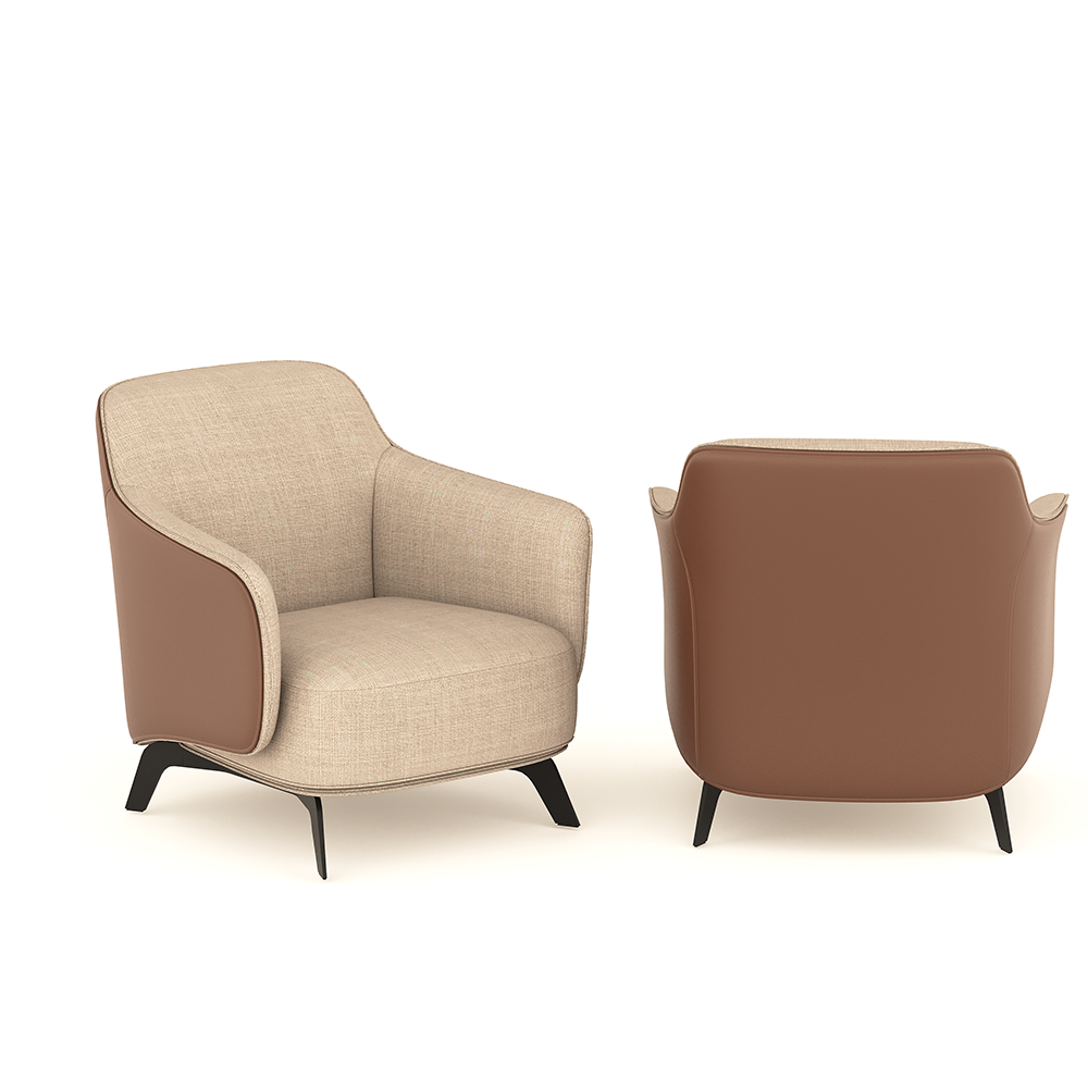 Pair of mid-century modern armchairs, beige fabric with brown leather arms and black legs