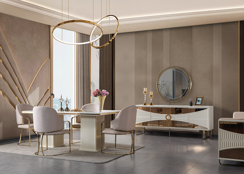 Luxurious dining room with cream and gold furniture, circular pendant lights, and a marble-topped table.