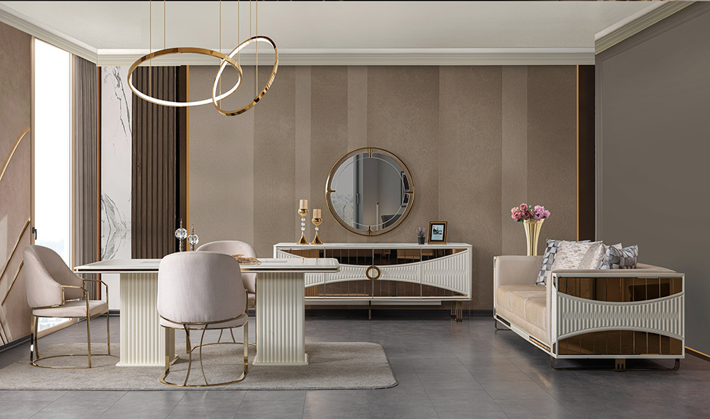 Luxurious modern living and dining room with beige and gold accents, round mirror, and circular chandelier rings above a marble-topped table.