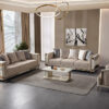 Elena Living Room 1 Armonna Elegant contemporary living room with beige sofas a matching armchair gold trim accents and a glass coffee table on a gray rug