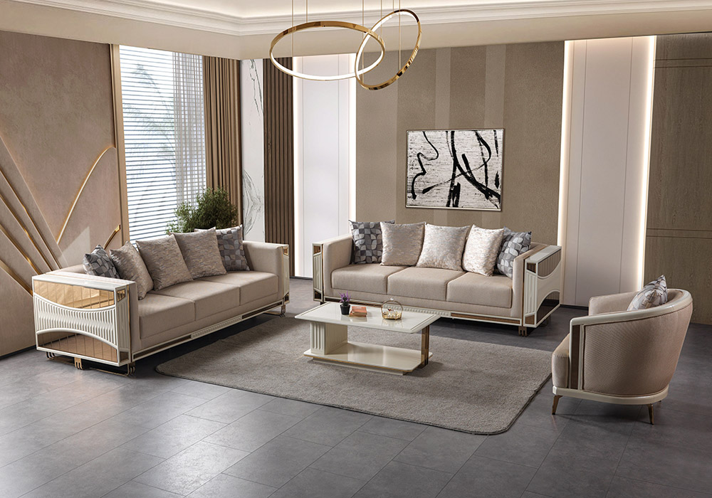 Elena Living Room 1 Armonna Elegant contemporary living room with beige sofas a matching armchair gold trim accents and a glass coffee table on a gray rug
