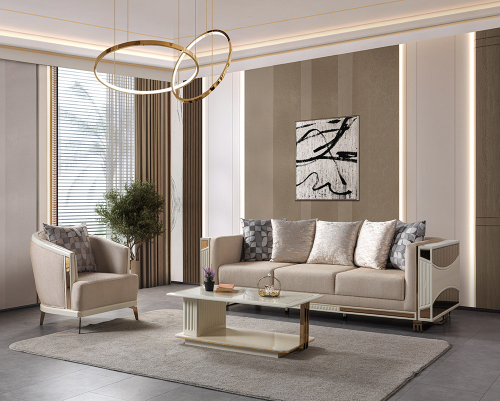 Modern living room with beige sofa and matching armchair gray rug and a glass coffee table in a bright stylish space
