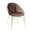 Brown velvet lounge chair with a curved back and gold metal legs