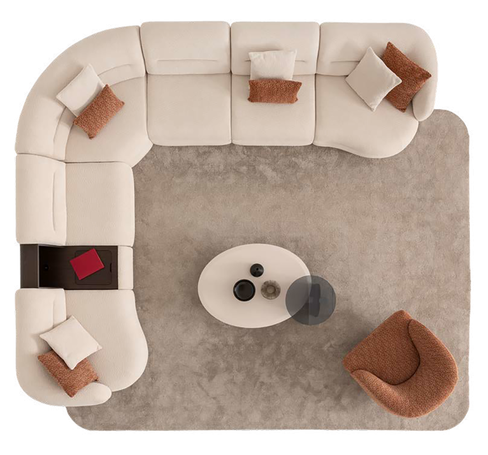 Fin Corner Set 3 Armonna Top down view of a beige L shaped sectional sofa around a gray rug with cream and rust cushions and a round coffee table with cups