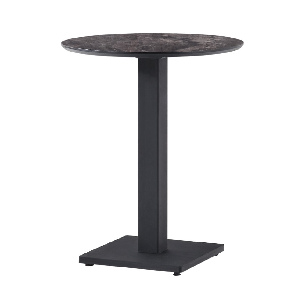 Round marble-top table with a dark metal pedestal and square base, shown against a white background for display purposes.