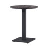 Round marble top table with a dark metal pedestal and square base shown against a white background for display purposes