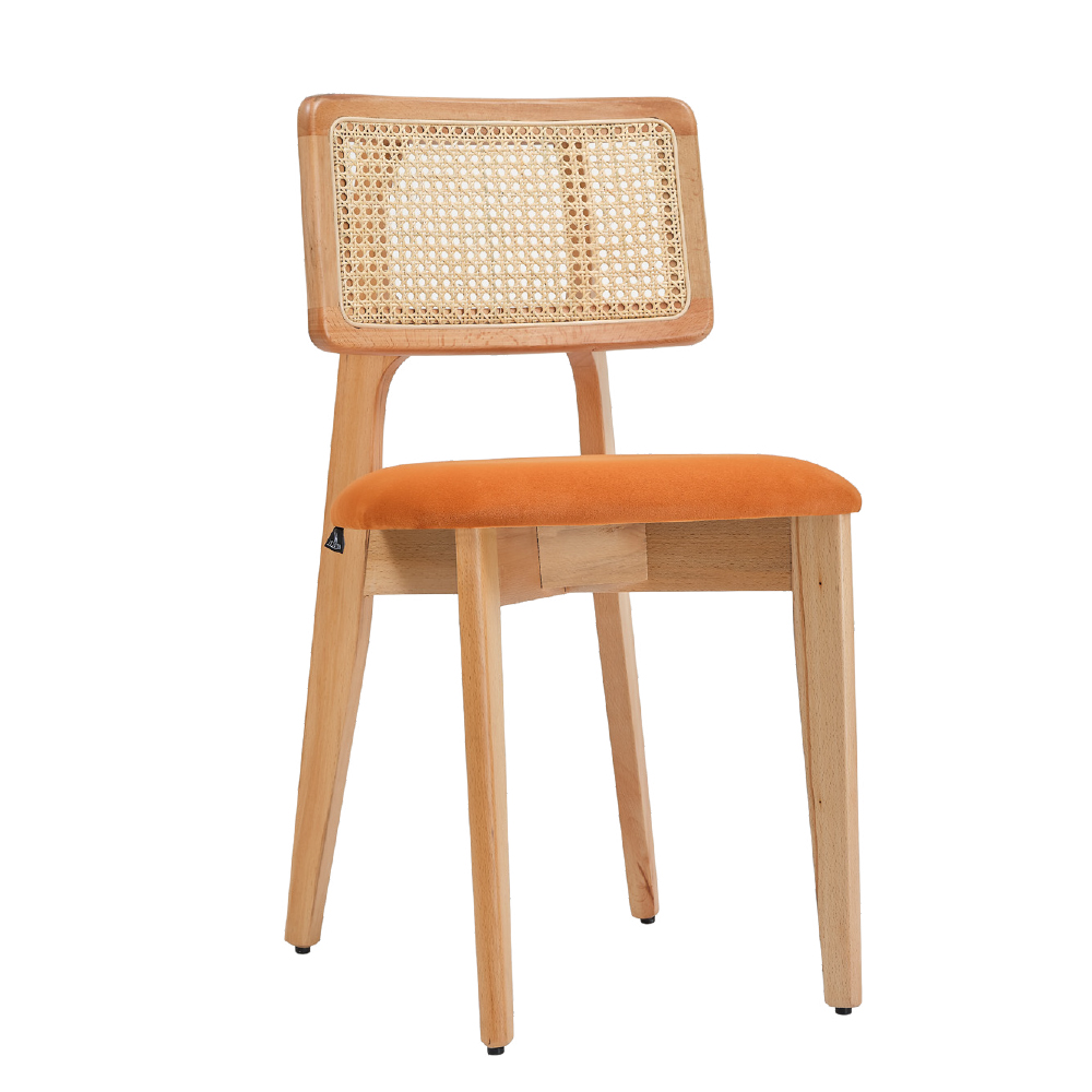 Wooden chair with an orange fabric seat and a woven cane backrest