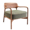 Wooden accent chair with curved arms and a green cushioned seat cushion in a mid century style