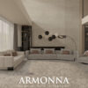 Contemporary showroom living room with three beige sofas neutral decor and geometric wall art ARMONNA Furniture  Interiors logo at bottom