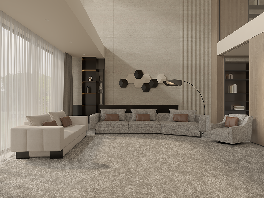 Modern living room with beige sofas, brown cushions, and a curved arc floor lamp against a hexagonal wall decor.