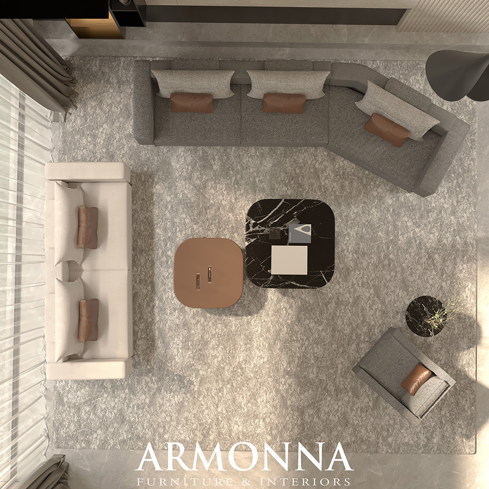 Top-down view of a modern living room: beige sectional, gray sofa, matching armchairs, and three coffee tables on a textured rug. Logo at bottom reads ARMONNA Furniture & Interiors.