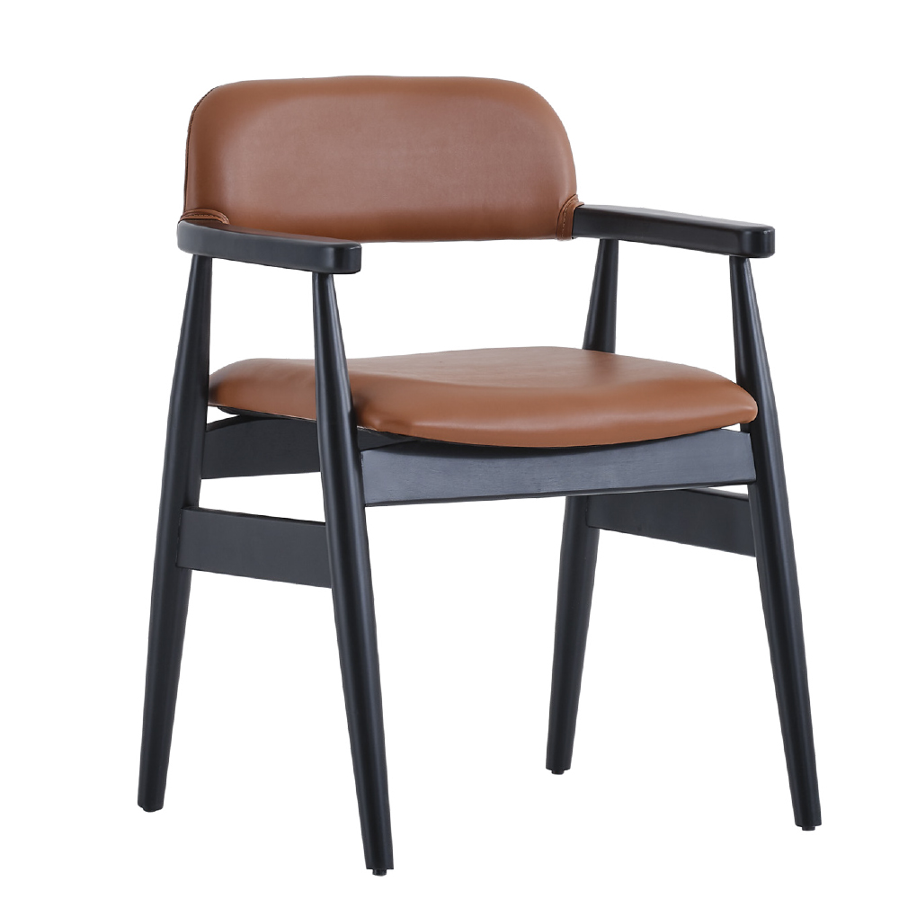 Brown leather upholstered chair with a black wooden frame padded seat and backrest and slim armrests