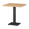Rectangular wooden tabletop atop a black metal pedestal base a small modern standtable