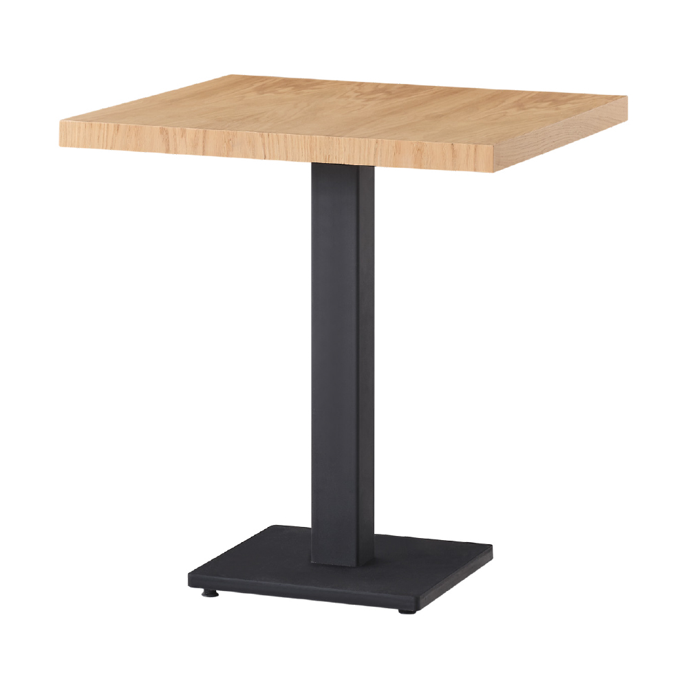 Rectangular wooden tabletop atop a black metal pedestal base, a small modern stand/table.
