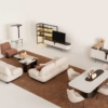 Kaju Living Room 1 Armonna Modern living room two cream sectionals around a brown rug coffee table and a wall mounted TV shelf