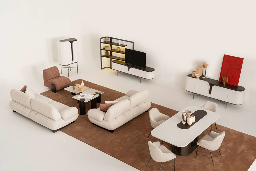Modern living room: two cream sectionals around a brown rug, coffee table, and a wall-mounted TV shelf.