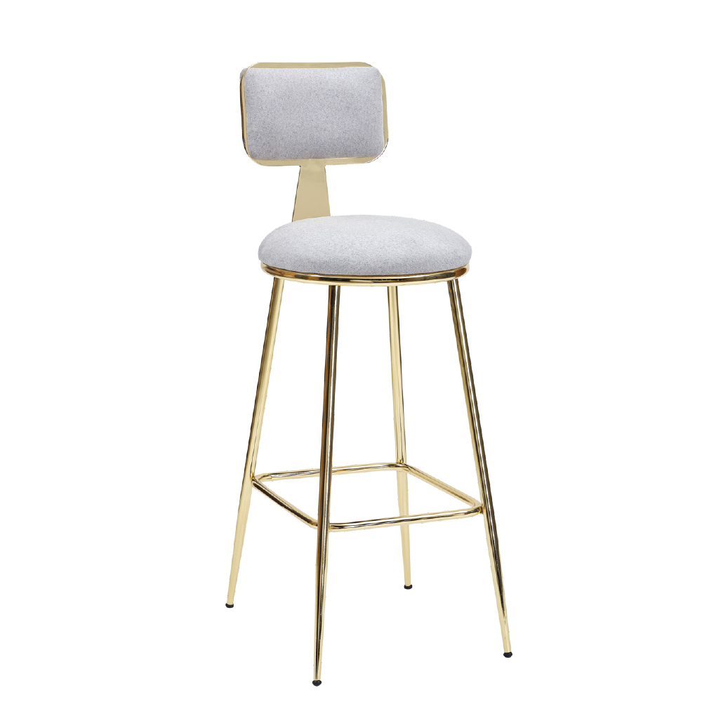 Gold-tone metal bar stool with light gray upholstered seat and backrest on tall legs with a footrest.