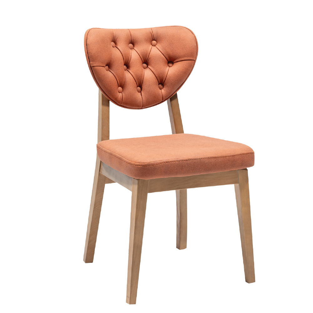 Orange tufted chair with wooden legs on a white background accentdining chair