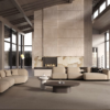 Spacious modern living room with a tall stone fireplace beige curved sofas and floor to ceiling glass walls