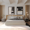 Modern bedroom with a beige upholstered bed two nightstands abstract blackandwhite art and warm pendant lights on the right