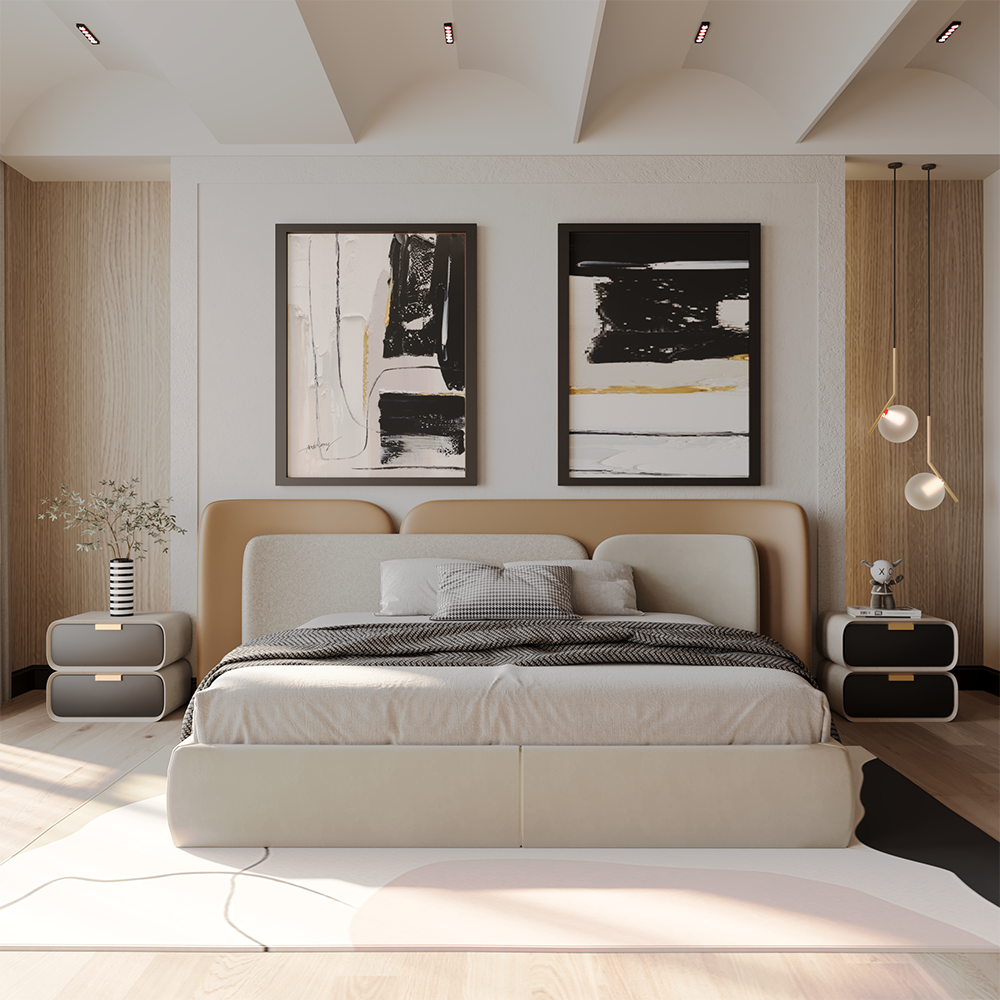 Modern bedroom with a beige upholstered bed, two nightstands, abstract black‑and‑white art, and warm pendant lights on the right.