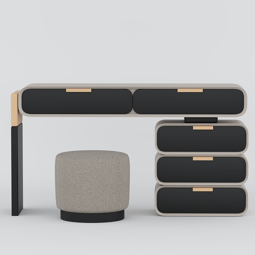 Minimalist modular desk with rounded black drawers and a gray fabric pouf in front, set on a light background.