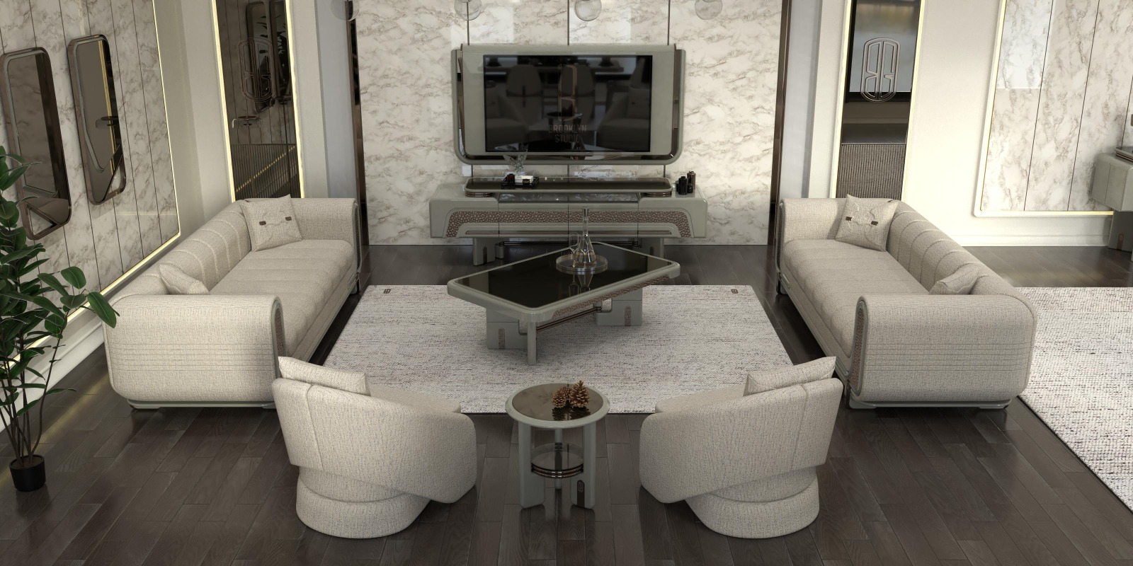 Lora Living Room 1 Armonna Luxurious beige living room with circular curved sofas arranged around a glass top coffee table marble accent wall and mounted flat screen TV as a focal point