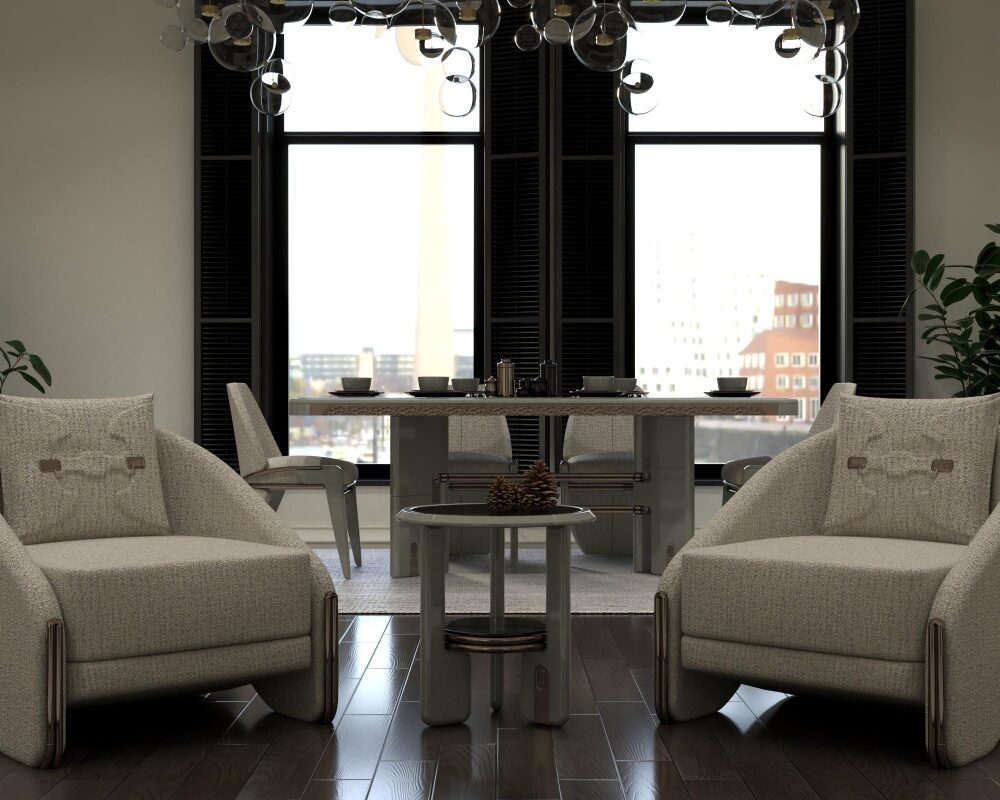 Two beige upholstered armchairs face a small round coffee table in a modern living-dining space with large windows and potted plants.