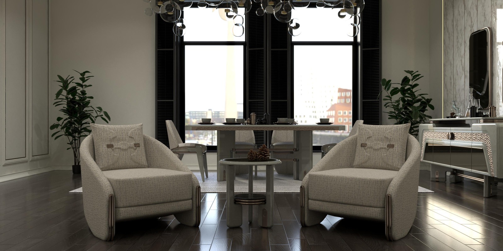 Lora Living Room 2 Armonna Two beige upholstered armchairs face a small round coffee table in a modern living dining space with large windows and potted plants