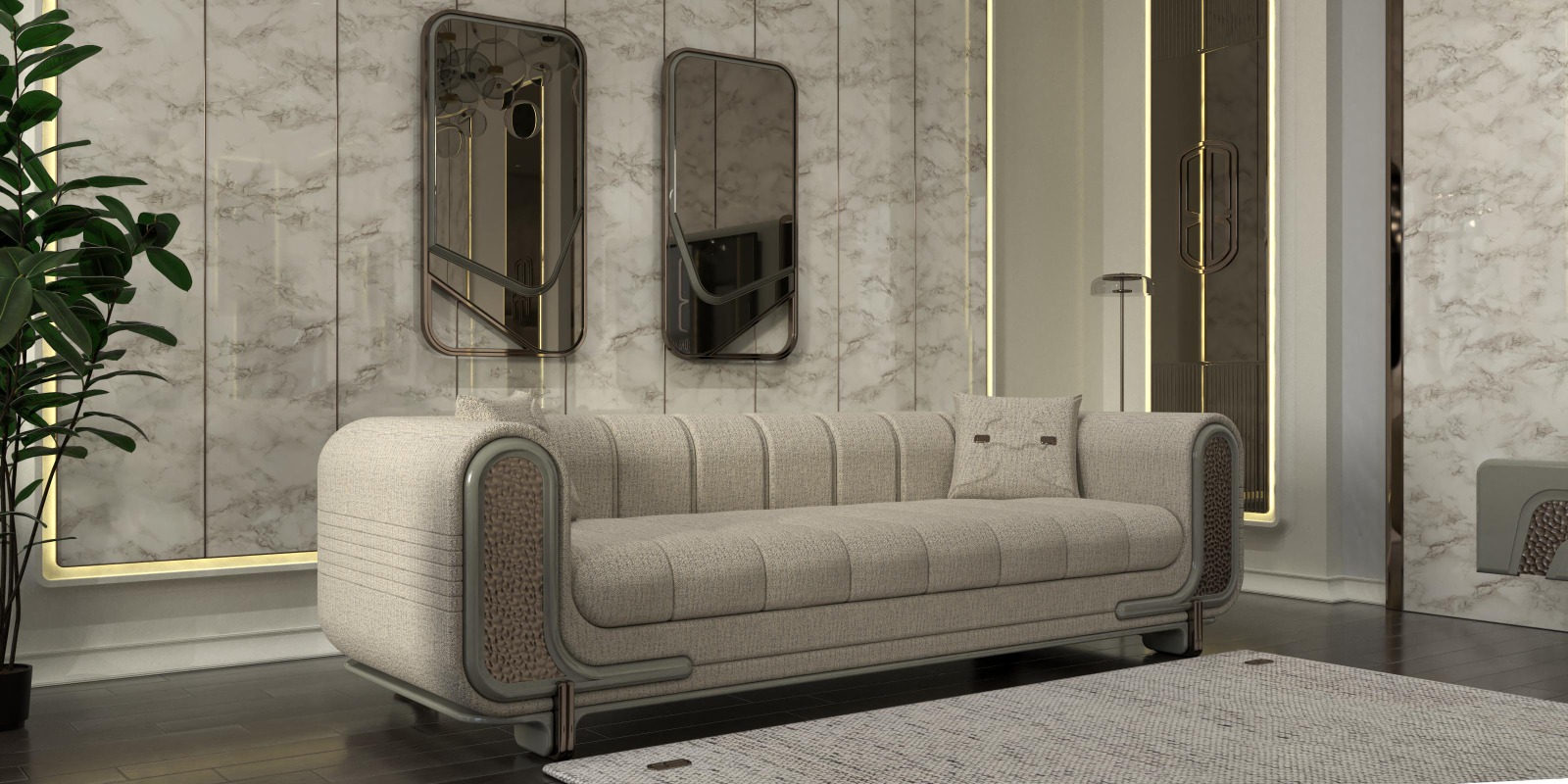 Lora Living Room 3 Armonna Luxurious beige fabric sofa with rounded tubular metal arms in a marble walled living room flanked by vertical gold accent mirrors and a tall potted plant on the left with a light rug in the foreground