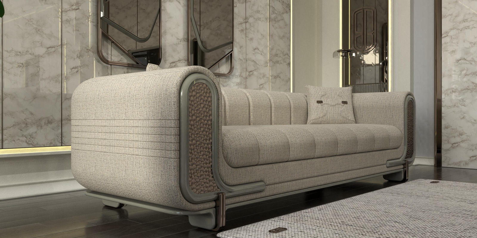 Lora Living Room 4 Armonna Luxurious beige upholstered sofa with rounded arms and metal trim in a marble clad lobby space