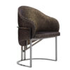 Modern swivel bar stool with rounded back brown textured upholstery and chrome metal frame on a circular base by the feet rail guard