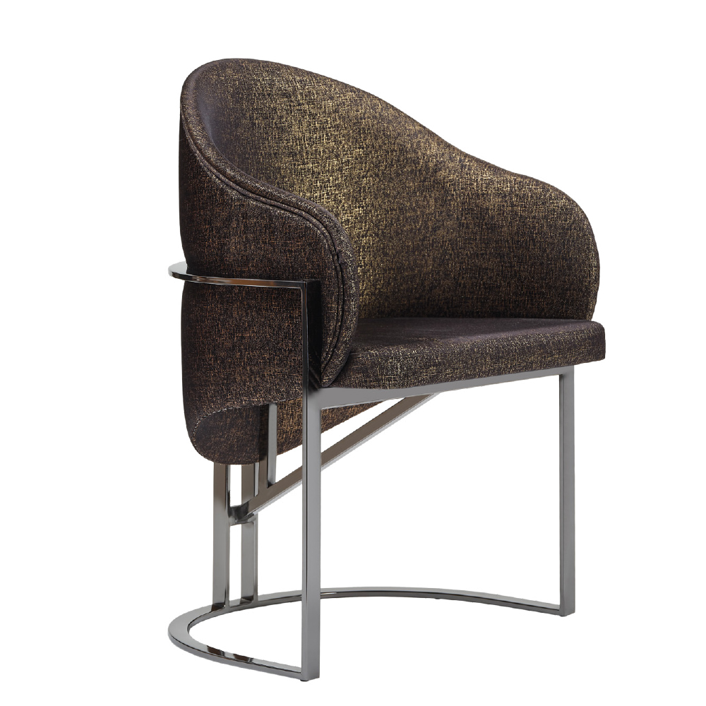MADRID Armonna Modern swivel bar stool with rounded back brown textured upholstery and chrome metal frame on a circular base by the feet rail guard