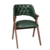Green tufted leather chair with a wooden frame and angled legs shown from a front angle view