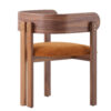 Mid century wooden chair with a curved backrest and orange upholstered seat cushion